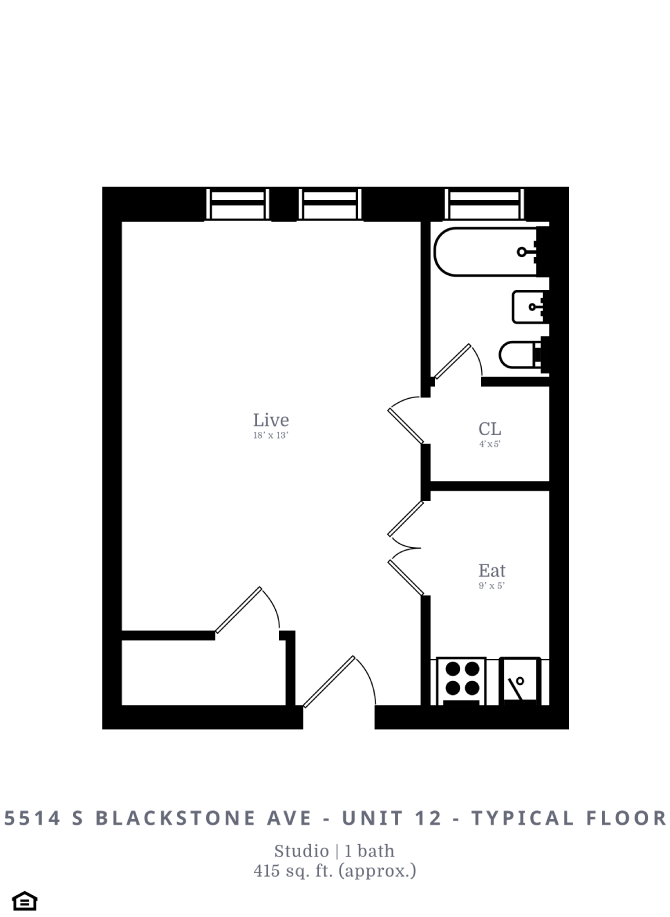 Floor plan for studio, 1 bath, 415 sqft